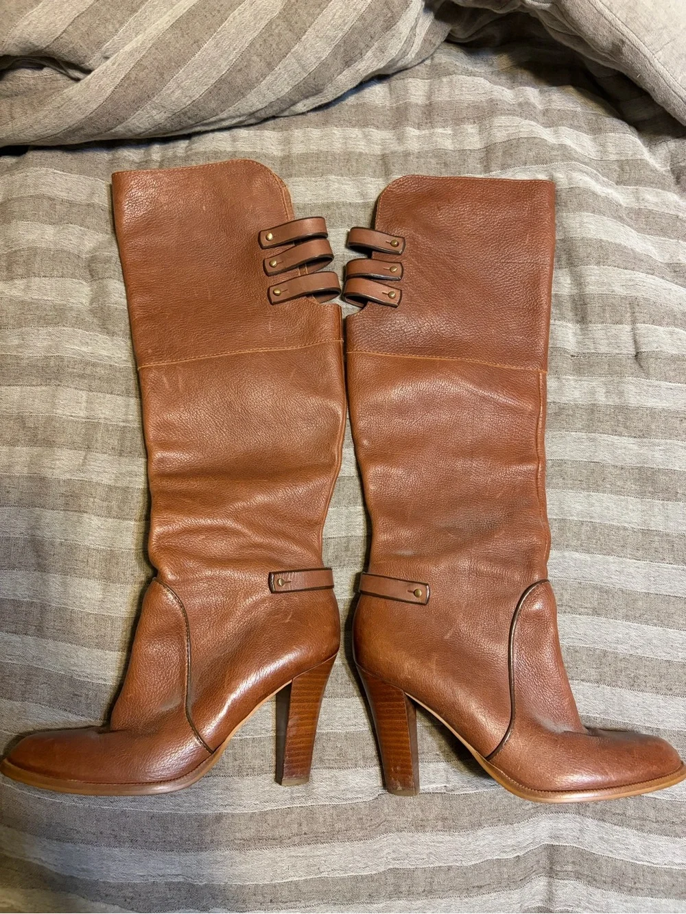 Cynthia Vincent Cognac Leather Over-the-Knee Zip Heeled Boots
